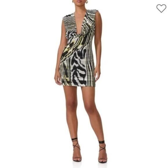 New AFRM Anthropology Kerra Abstract Zebra Print Plunge Neck Minidress Size S - Picture 2 of 11